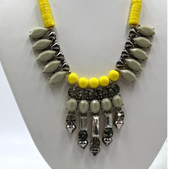 J. Crew Colorful Yellow Sage Green Gray Rhinestone Statement Gold Tone Necklace - Picture 1 of 16